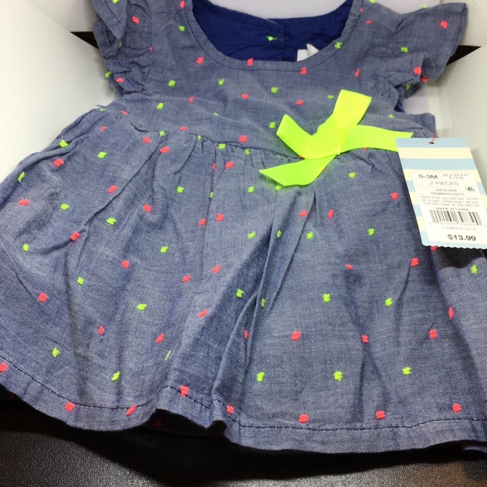 Baby dress w stitched in coral & lime polkadots